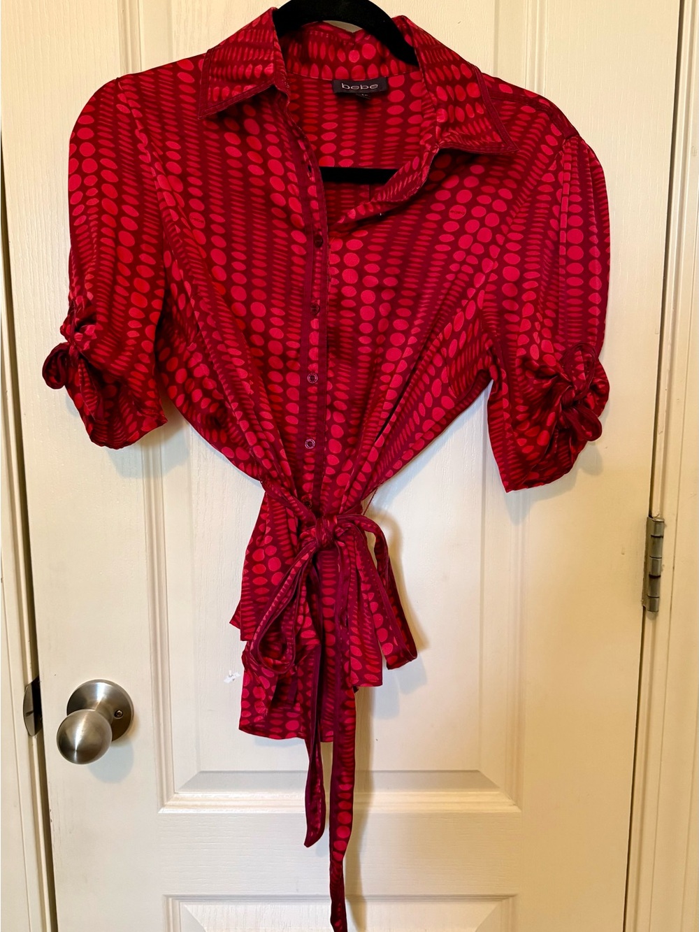 bebe Red Dot Tie-Waist Button Down Shirt